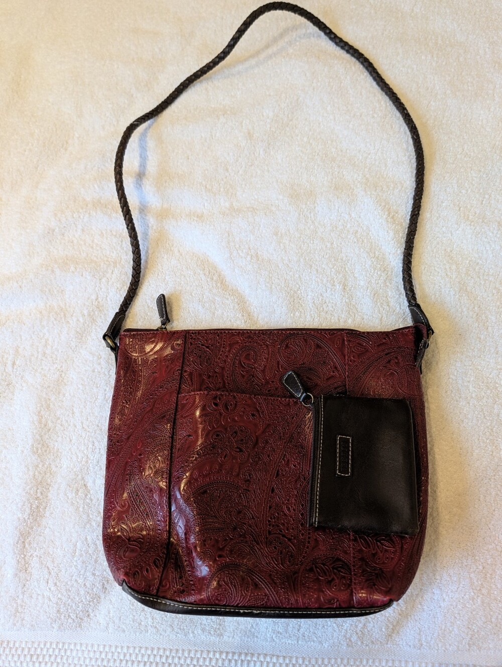 Relic Burgundy Embossed Paisley Crossbody Bag Braided Strap Wallet Purse Boho